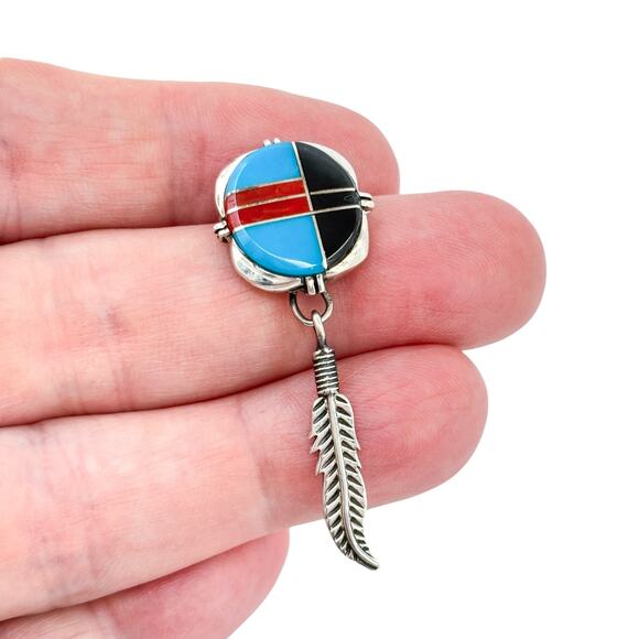 JJ Signed Sterling Silver 925 Single Earring | Southwest Turquoise Coral Onyx - Picture 1 of 8